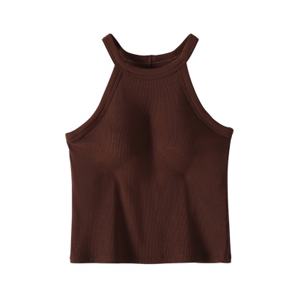Brown Color Ribbed Tank Tops With Built-in 3D Cup Bra 2 In 1 Fashionable & Versatile Halter Tops Cover Armpit Fat Show Beautiful Back VEIMIA