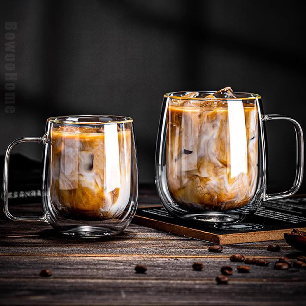 BowooHome コーヒーカップ ガラスカップ グラス ティーカップ コップ オシャレ 店舗用 家庭用 ミルクティー お茶 飲料 Coffee Cup 耐冷 耐熱 食洗器可 お手入れ簡単