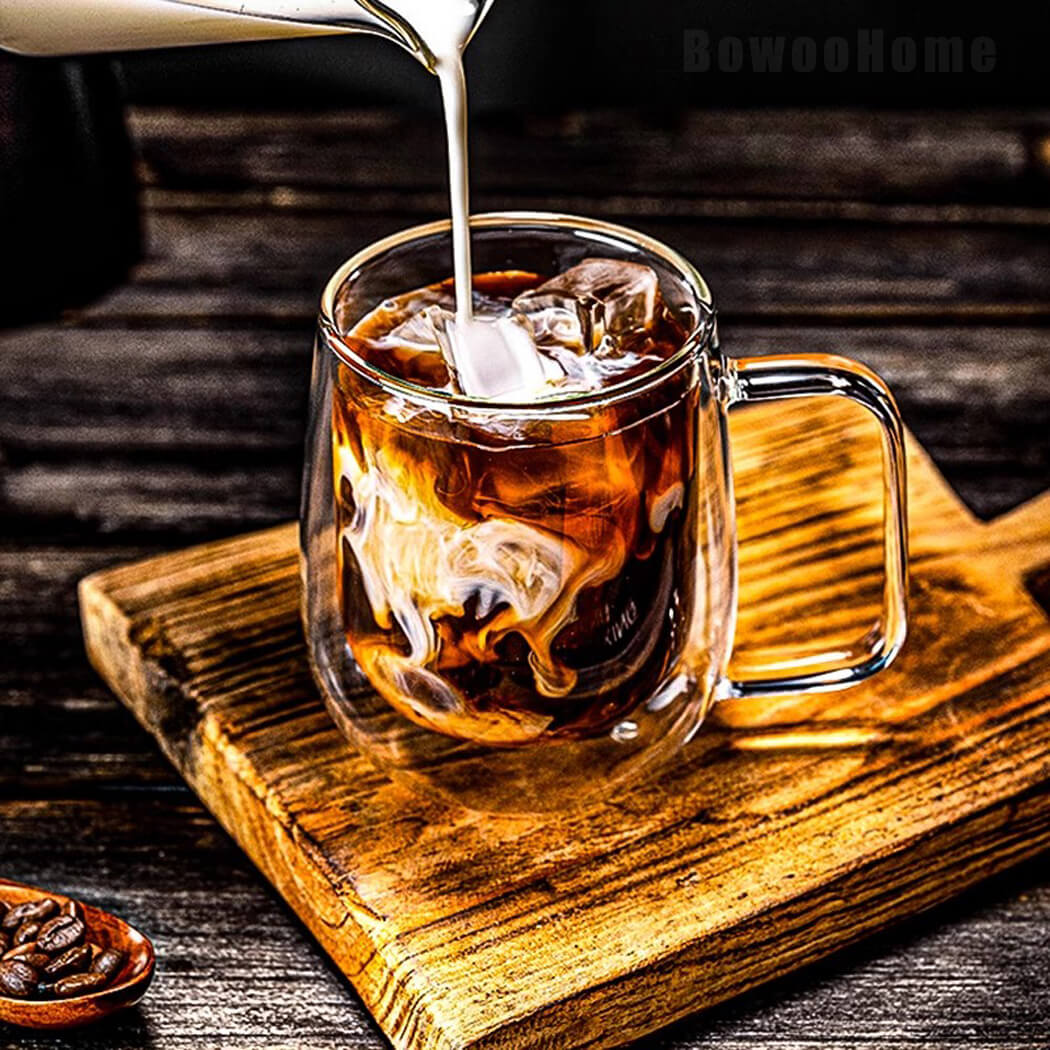 BowooHome コーヒーカップ ガラスカップ グラス ティーカップ コップ オシャレ 店舗用 家庭用 ミルクティー お茶 飲料 Coffee Cup 耐冷 耐熱 食洗器可 お手入れ簡単