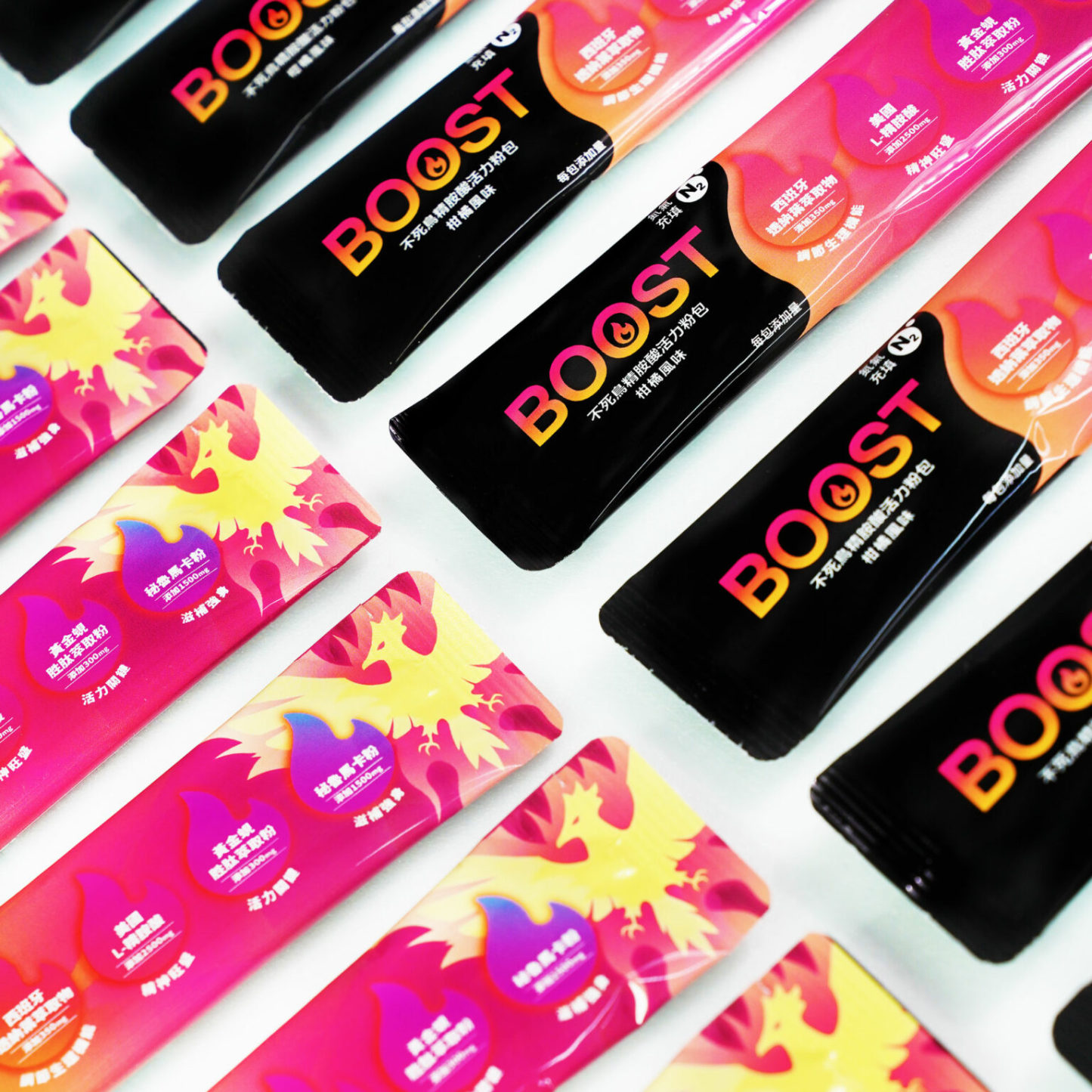 不死鳥精胺酸粉包，每包含2500mg左旋精胺酸與綜合維生素B群，強化男性活力。 