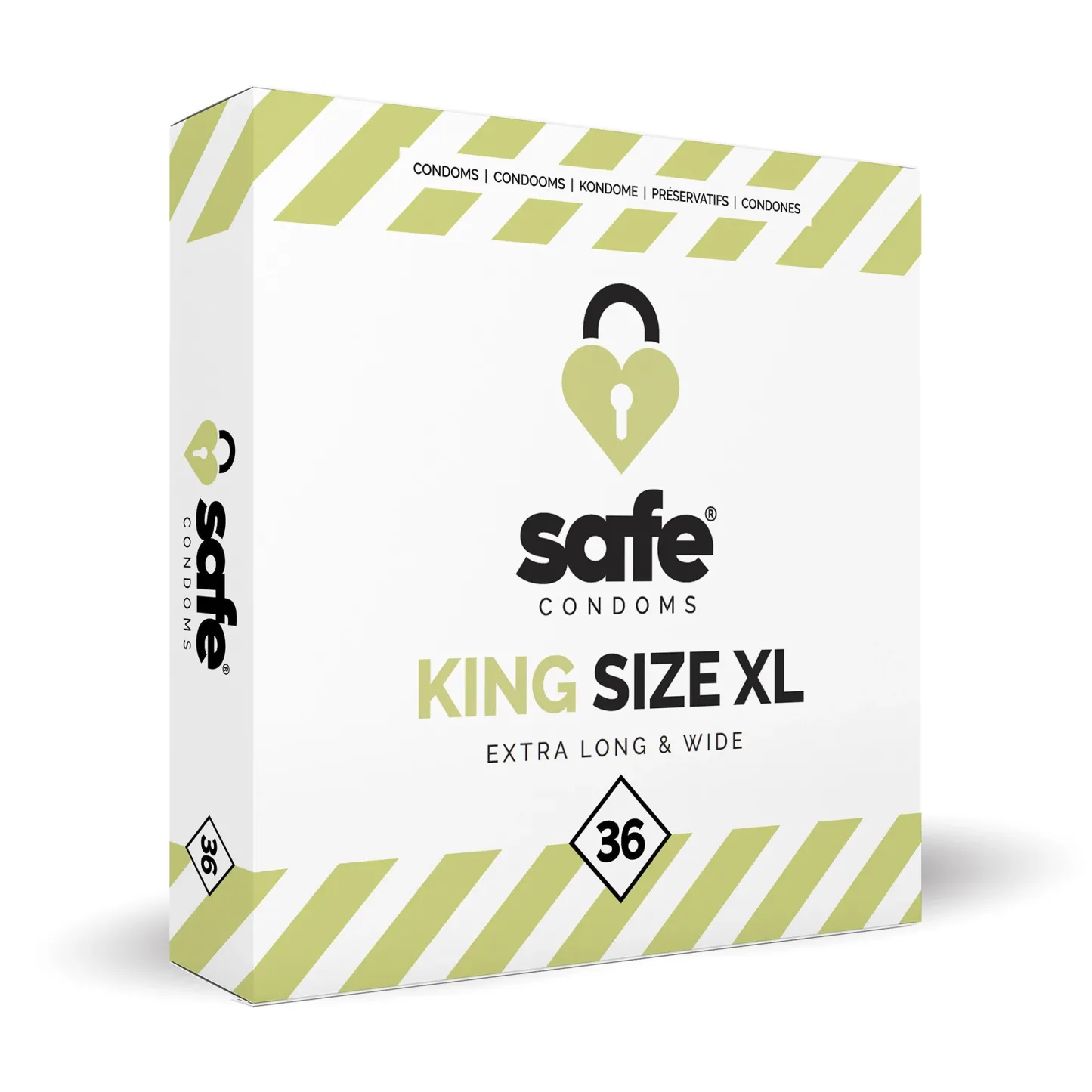 SAFE King Size乳膠安全套，符合歐洲安全標準，透明設計，提供更寬鬆舒適的親密體驗。