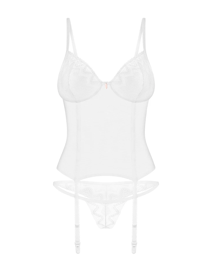 優雅純白內衣套裝，束胸提供穩定支撐，細膩蕾絲與透視設計，適合增添浪漫氛圍的場合。