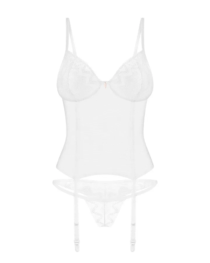 優雅純白內衣套裝，束胸提供穩定支撐，細膩蕾絲與透視設計，適合增添浪漫氛圍的場合。