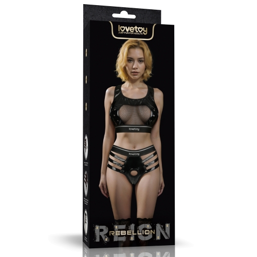 Lovetoy Rebellion Reign 穿戴式陽具束，結合PU與網布，具彈性設計與隱藏震動器。
