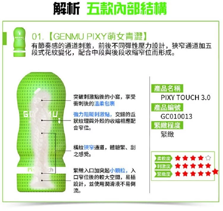 GENMU Pixy Touch 飛機杯，雙凹位收縮外殼，提升真實阻力感，附送潤滑液，享受極致快感。
