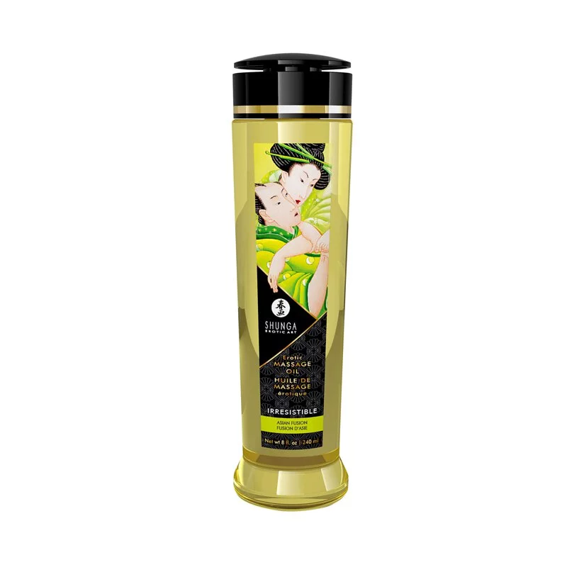 Shunga 誘惑有機可食用按摩油 240ml，亞洲水果香氣，輕盈不堵塞毛孔，提升親密互動的舒適度。