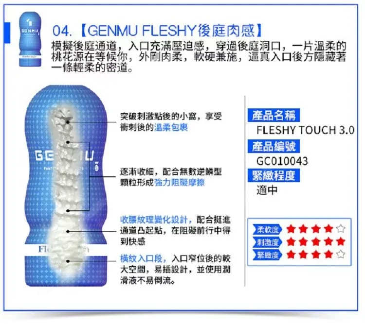 GENMU 第三代飛機杯 Fleshy Touch，模擬真實後庭快感，可拆卸清洗，長期使用保持衛生。