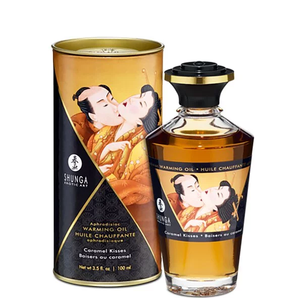 Shunga 催情熱感按摩油 100ml，焦糖香味，親吻或吹氣即可產生溫暖觸感，適用全身按摩。
