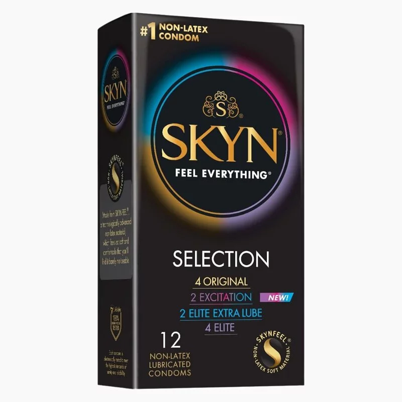 SKYN Selection Excitation 雜錦PI安全套 12片裝，含原創、超薄、超薄多潤及涼感凸點，適合乳膠過敏者。