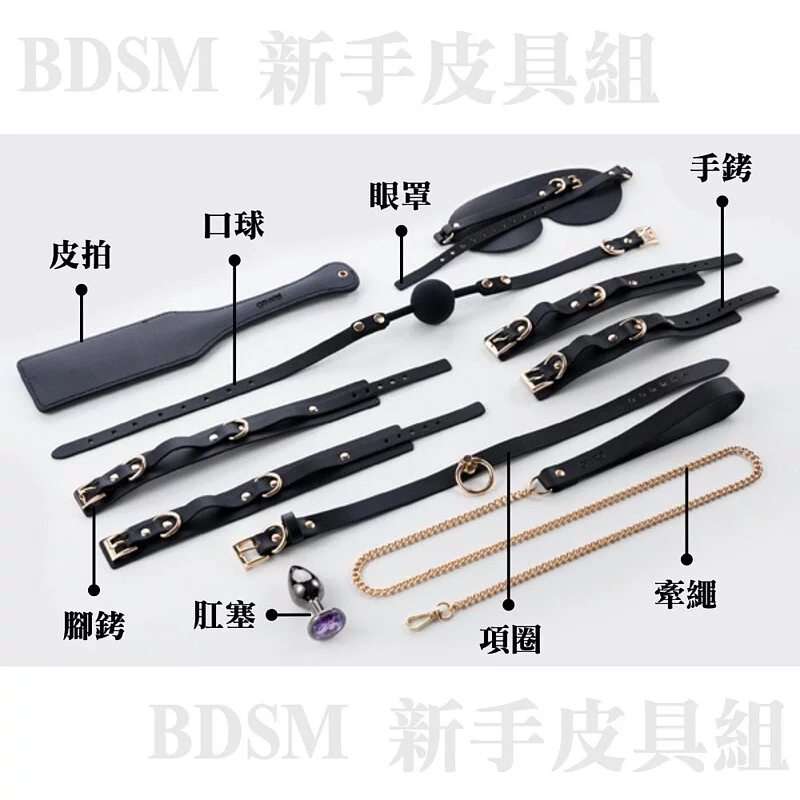 高級BDSM皮具套裝，玫瑰金色五金與粉紫水鑽肛塞，盡顯奢華與誘惑。