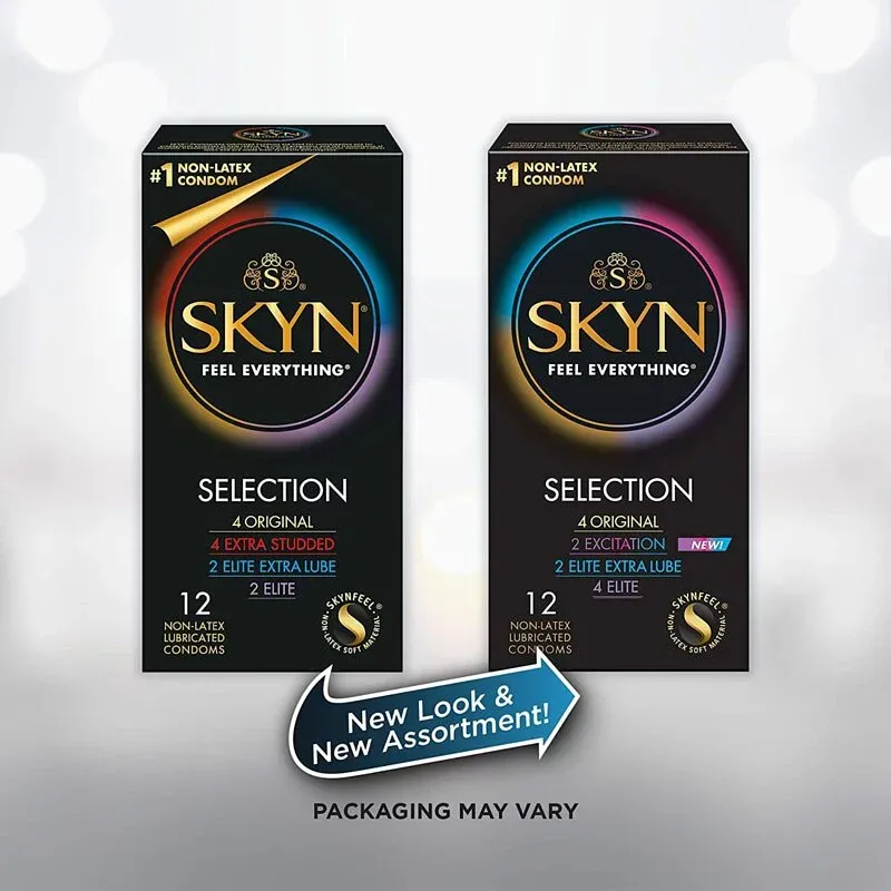 SKYN Selection Excitation 12片裝安全套，內含SK-70高質矽性潤滑液，適合對乳膠過敏者使用。