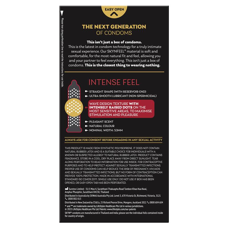 SKYN Intense Feel 無乳膠安全套，波浪紋路與高密度凸點，超順滑潤滑劑，提升舒適度與刺激感。