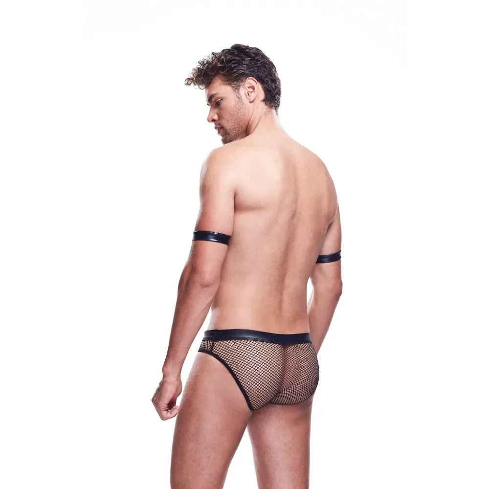 Envy 黑色男士警察性感2件套，透明網布與拉鍊丁字褲，完美搭配角色扮演，增添誘惑。