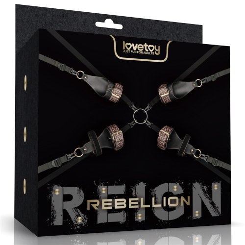 Lovetoy Rebellion Reign 床褥束縛束帶，黑色PU與尼龍材質，四條可調帶子，適合不同床型，提供穩定束縛。