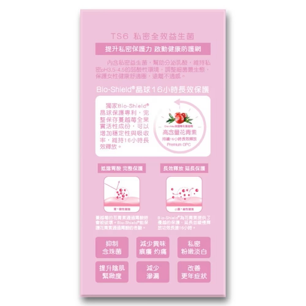 TS6 私密全效益生菌，調理私密健康，提升肌膚嫩白與緊緻度。
