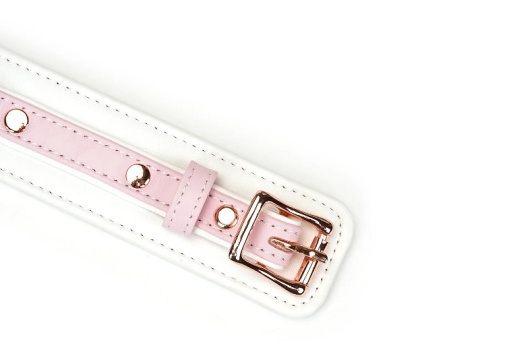 粉紅色山羊皮BDSM頸圈，搭配快速釋放夾扣與可調式牽引繩，提升情趣遊戲。