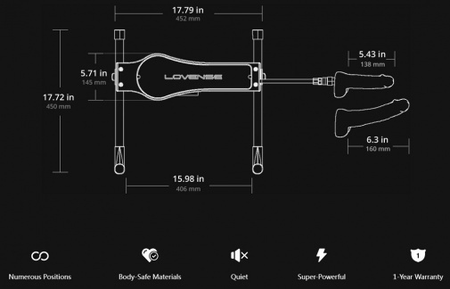 Sex Machine 推動長度 11.4cm，兼容 Vac-u-lock 配件，內附矽膠陽具與存儲袋，穩定靜音設計。