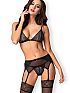 Shibu 黑色情趣內衣套裝，幾何蕾絲與性感吊襪帶設計，展現女性曲線。