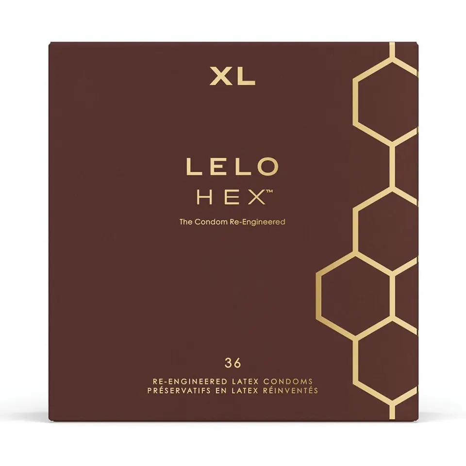 LELO HEX Respect XL加大碼乳膠安全套，六邊形結構減少滑動，增強體溫傳遞，36片裝。