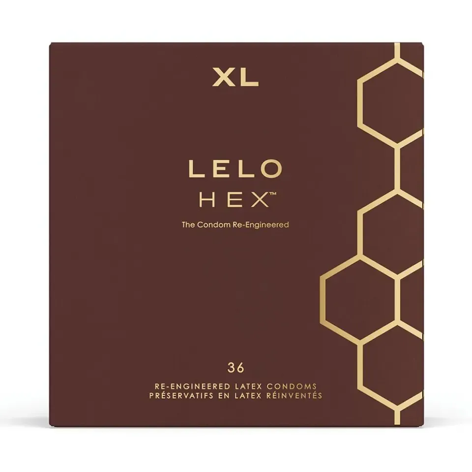 LELO HEX Respect XL加大碼乳膠安全套，六邊形結構減少滑動，增強體溫傳遞，36片裝。