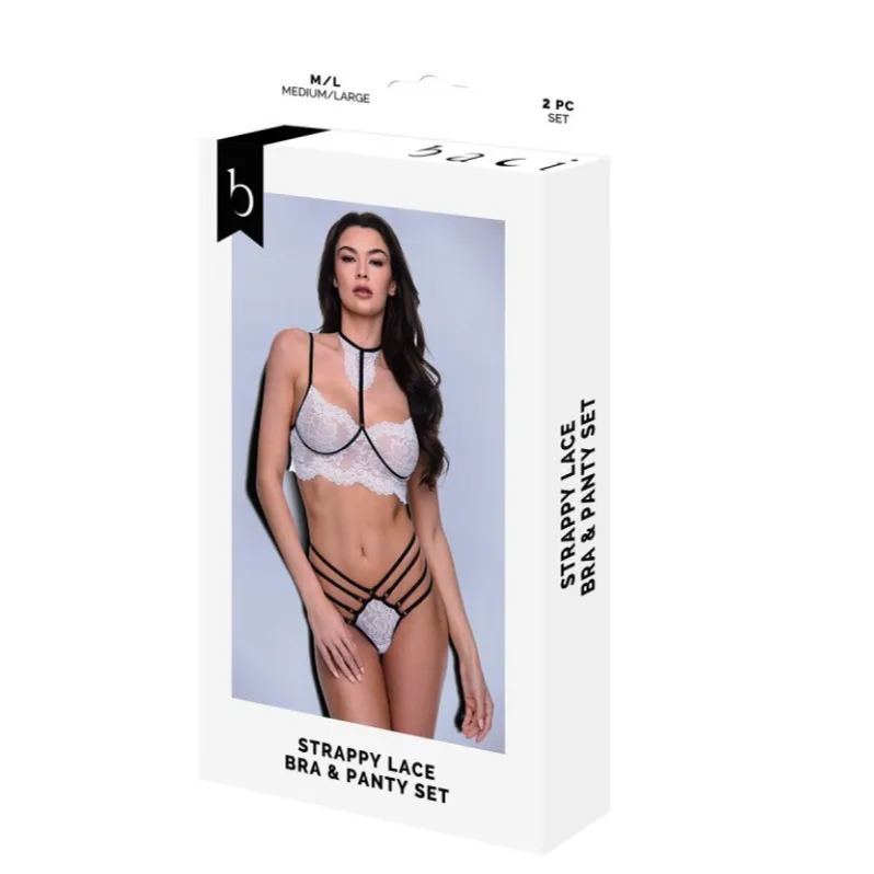 Baci 白色蕾絲內衣套裝，高領胸罩搭配雙肩帶，黑色飾邊增添時尚與魅力感。