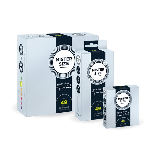 MISTER SIZE 49MM乳膠安全套，纖細尺寸貼合設計，0.05mm超薄體驗，提升親密觸感。