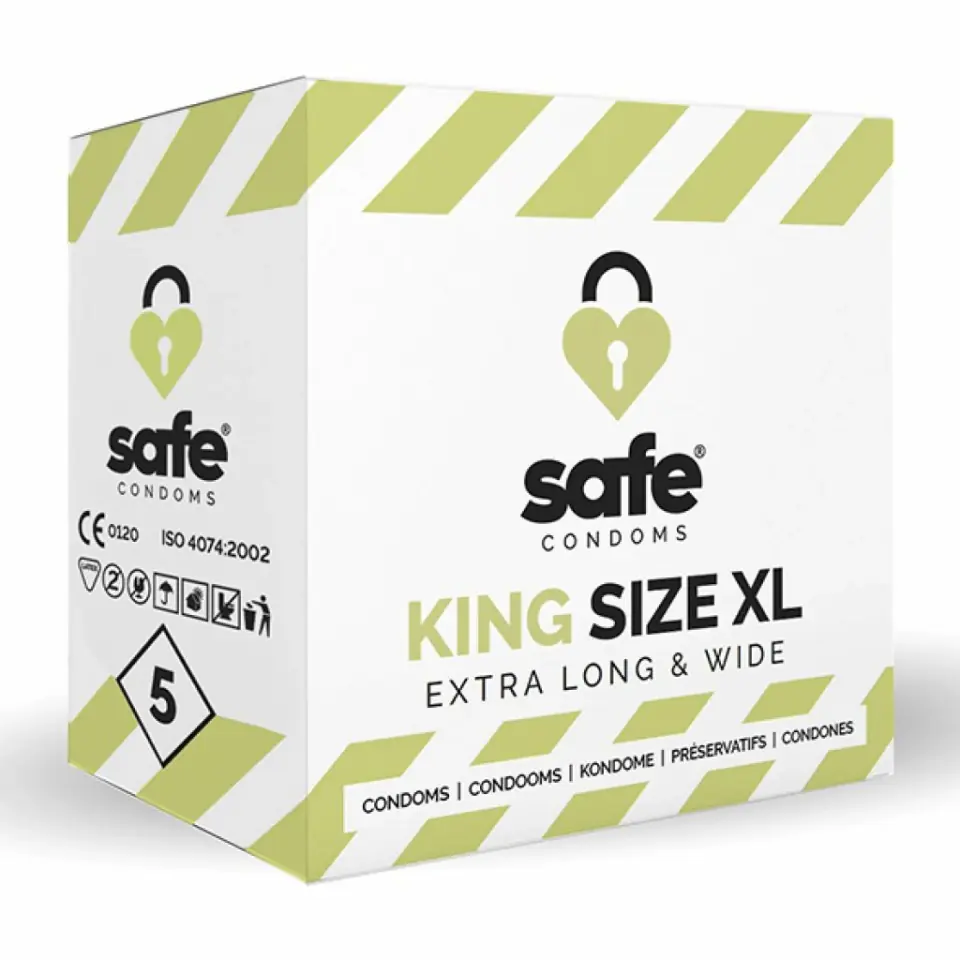 SAFE King Size加大碼乳膠安全套，XL尺寸21.5cm長5.6cm寬，矽基潤滑劑，柔和香草香味。