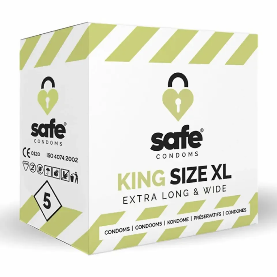 SAFE King Size加大碼乳膠安全套，XL尺寸21.5cm長5.6cm寬，矽基潤滑劑，柔和香草香味。
