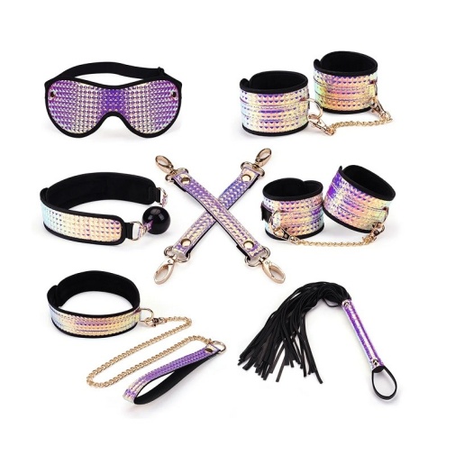 
 Liebe Seele 亮面7件束縛套裝，雷射粉紅色設計，搭配金色金屬，適合BDSM及SM玩具愛好者。