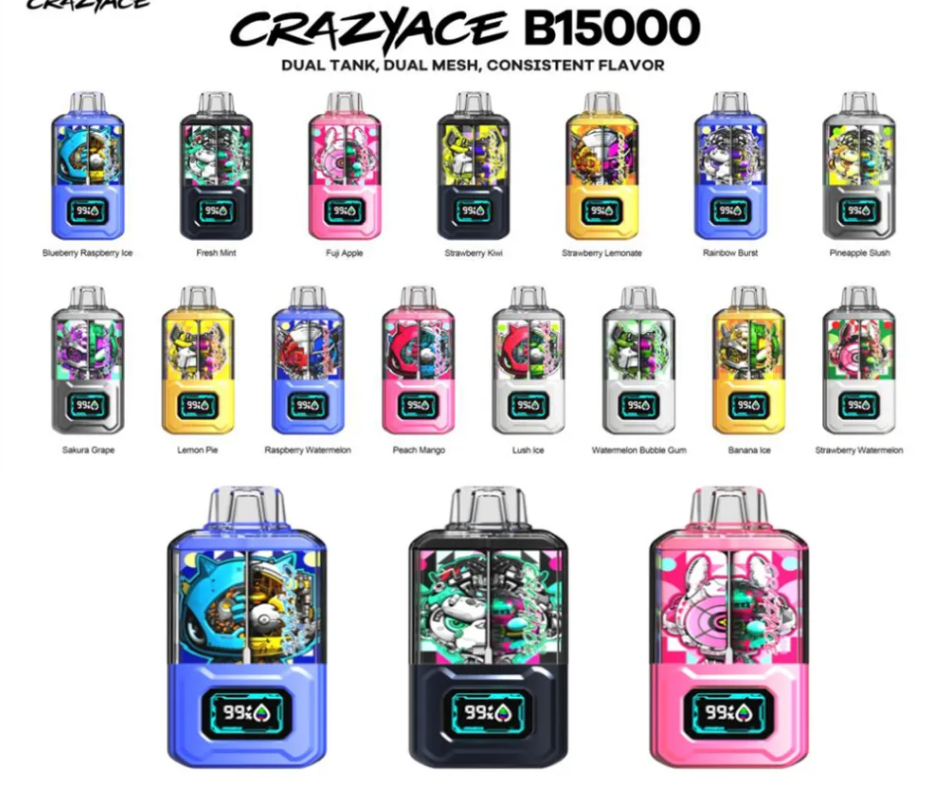【CRAZYACE 瘋狂王 15000口 一次性電子煙】20ml超大大大容量 | 900毫安電池 | 可充電 可顯示電量和油量 | 5%尼古丁鹽
