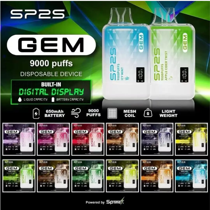 【 SP2S 拋棄式9000口】原廠SP2S GEM 9000口一次性電子煙 液晶屏電亮顯示 Type-C 可充電

