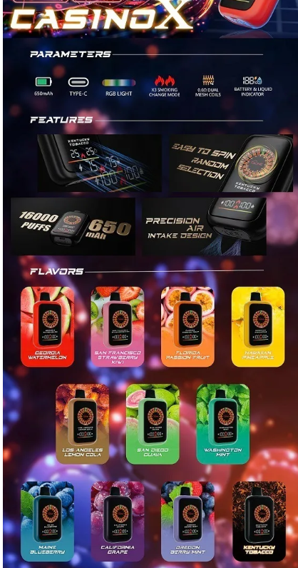 【CasinoX 16000口 拋棄式電子煙】AONE VAPE 二代 CasinoX 賭場一次性 RGB 燈效潮流外觀 | 雙模式輸出超大電量| 俄羅斯轉盤鋼珠設計