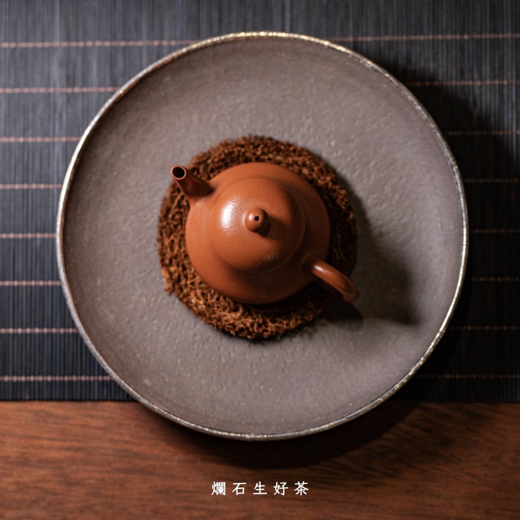 全手工布圓壺承-石介落款｜原礦天青紫泥