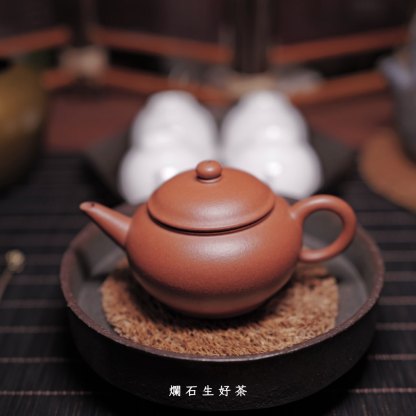 原礦朱泥：仿古福記水平壺 - 石介落款