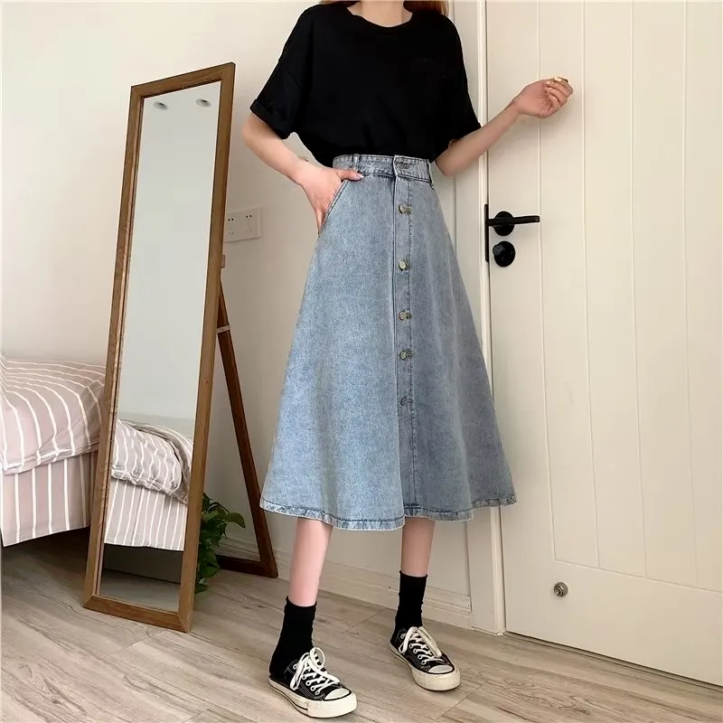 闊擺高腰A字牛仔裙