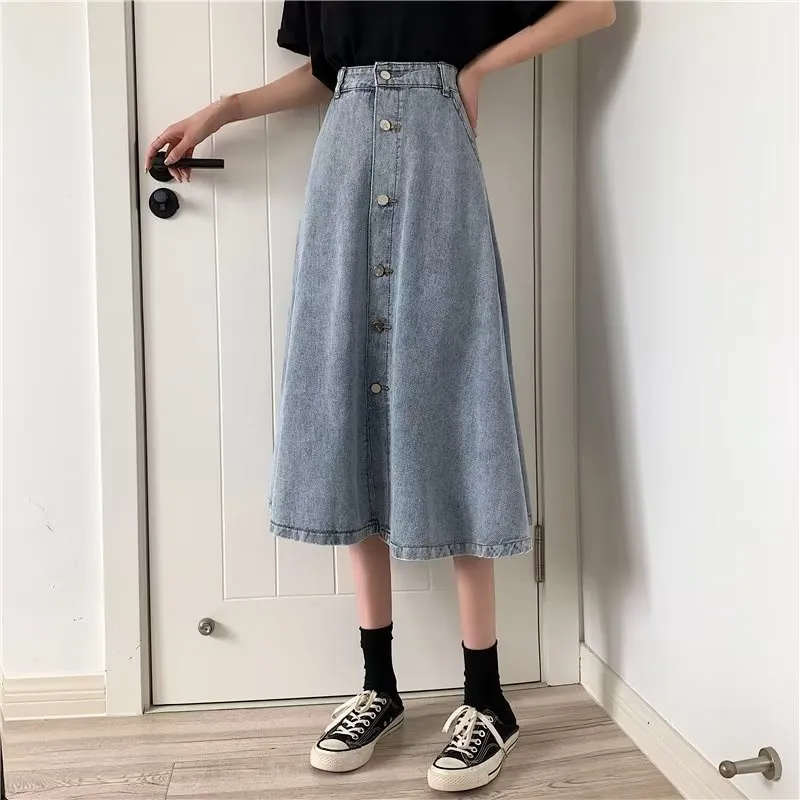 闊擺高腰A字牛仔裙