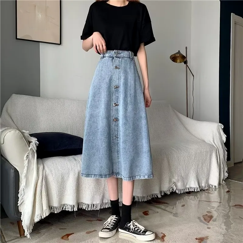 闊擺高腰A字牛仔裙