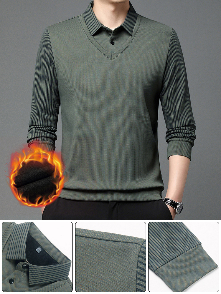 男士加絨假兩件長袖polo衫