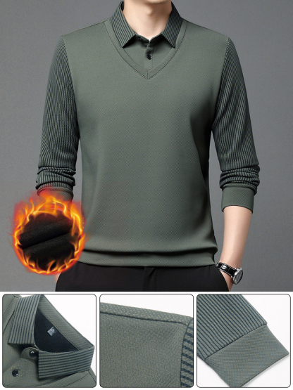 男士加絨假兩件長袖polo衫