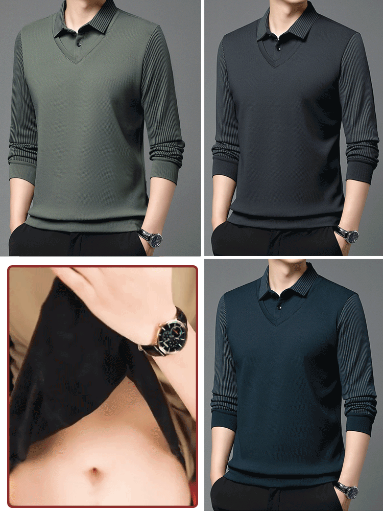 男士加絨假兩件長袖polo衫