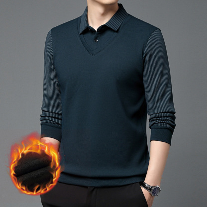 男士加絨假兩件長袖polo衫