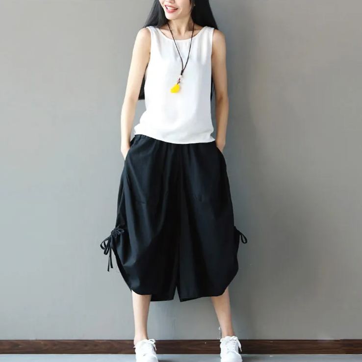 女阔腿裤 大碼寬鬆休閒燈籠褲 棉麻印花鬆緊腰短款