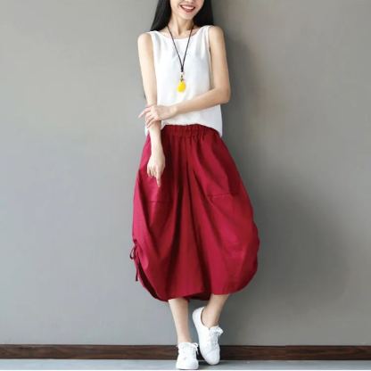 女阔腿裤 大碼寬鬆休閒燈籠褲 棉麻印花鬆緊腰短款