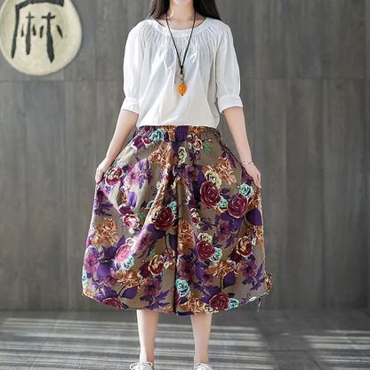 女阔腿裤 大碼寬鬆休閒燈籠褲 棉麻印花鬆緊腰短款