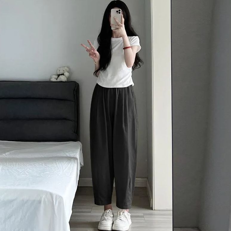 工裝泡泡褲女夏季高腰小號休閒褲寬鬆哈倫褲九分老爹水洗蘿蔔褲