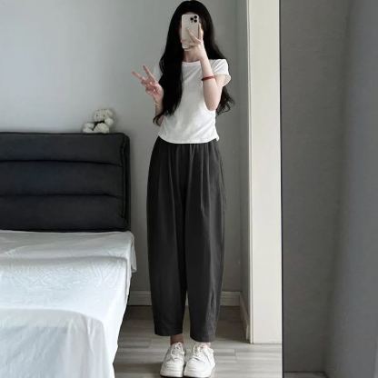 工裝泡泡褲女夏季高腰小號休閒褲寬鬆哈倫褲九分老爹水洗蘿蔔褲