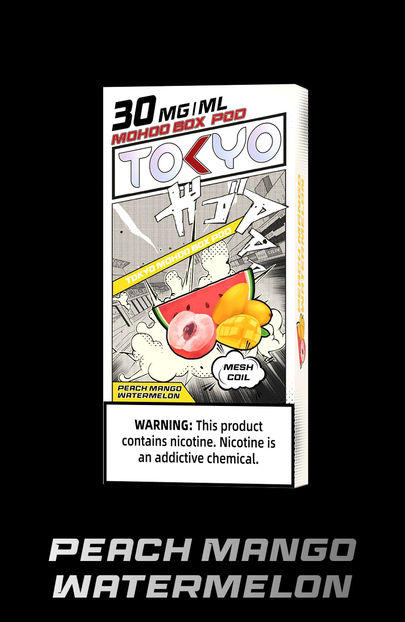 tokyoejuice mohoo box pod Peach Mango Watermelon eliquid