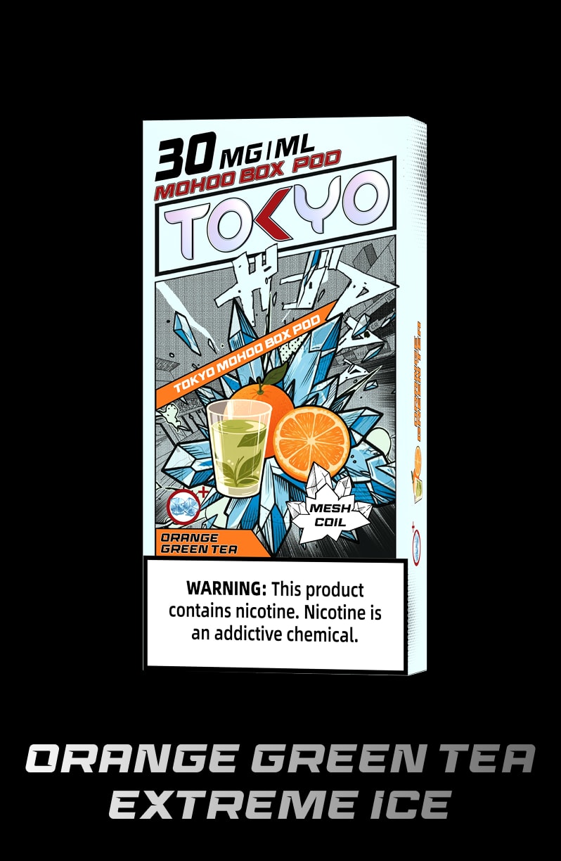 tokyoejuice mohoo box pod ORANGE GREEN TEA EXTREME ICE eliquid