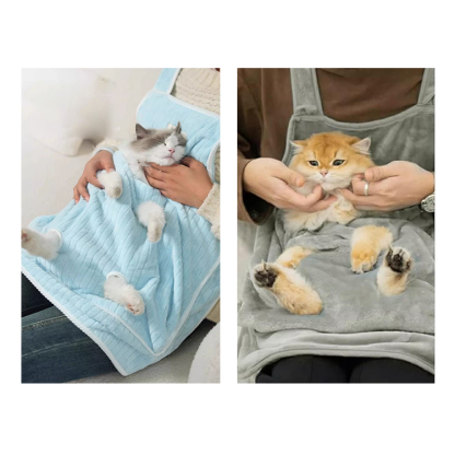 Giipet-猫抱っこ用エプロン 寝袋風ペットウェア 7.5kgまで対応 調節ボタン付き 抜け毛防止 猫ポケット付き ピンク＆ライトブルー 肌に優しい素材 使用簡単 抱っこしながら移動可能 寒さ対策 室内外兼用 爪切り＆耳掃除もラクラク 大型猫対応 遊べる広々スペース お手入れ簡単 ペット撫でる服