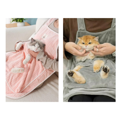 Giipet-猫抱っこ用エプロン 寝袋風ペットウェア 7.5kgまで対応 調節ボタン付き 抜け毛防止 猫ポケット付き ピンク＆ライトブルー 肌に優しい素材 使用簡単 抱っこしながら移動可能 寒さ対策 室内外兼用 爪切り＆耳掃除もラクラク 大型猫対応 遊べる広々スペース お手入れ簡単 ペット撫でる服